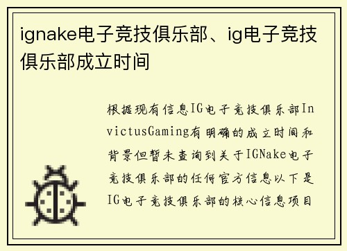 ignake电子竞技俱乐部、ig电子竞技俱乐部成立时间
